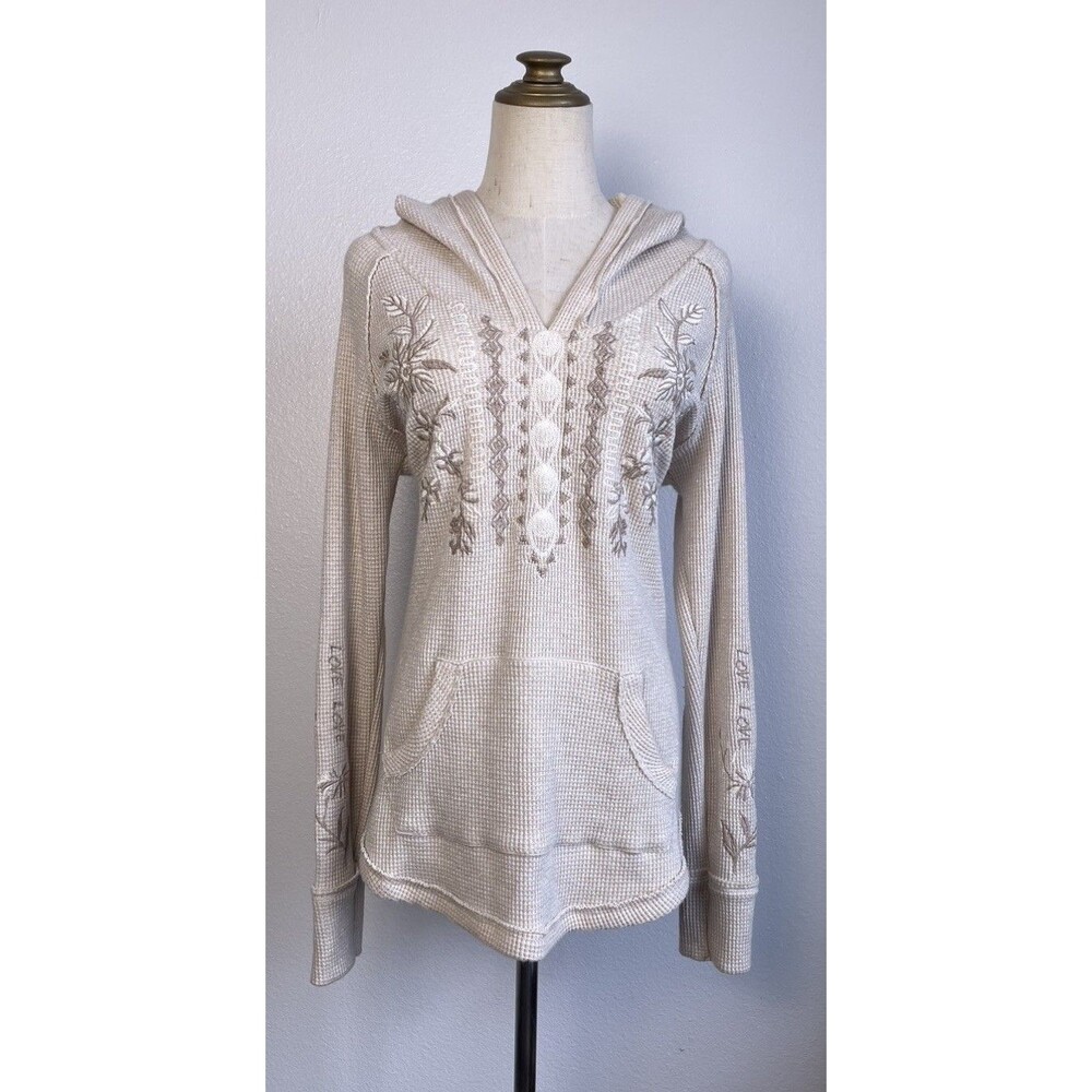 Johnny Was Metallic Thermal Hoodie Sweater Small Embroidered Love Laura Cream